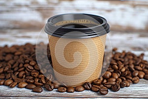 Coffee break cup surrounded by coffee beans, customizable text space