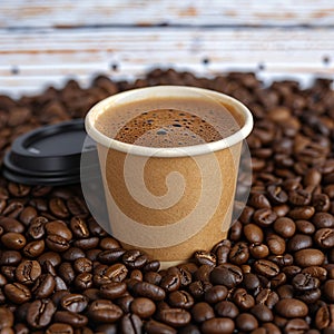 Coffee break cup surrounded by coffee beans, customizable text space