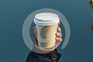 Coffee break elegance male hand holds a paper cup gracefully