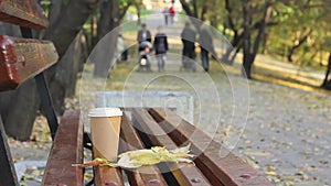 Coffee break on empty bench in autumn city park, families with baby carriages at public park walkway on background