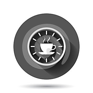 Coffee break icon in flat style. Clock with tea cup vector illustration on black round background with long shadow effect.