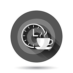 Coffee break icon in flat style. Clock with tea cup vector illustration on black round background with long shadow effect.