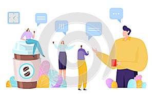 Coffee break meetup business people together breakfast, tiny character lunch hour flat vector illustration, isolated on