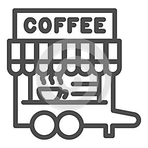 Coffee break stall line icon. Street hot drink cart with signboard symbol, outline style pictogram on white background