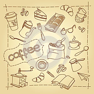 Coffee break vector doodles background