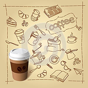 Coffee break vector doodles and paper cap