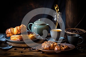 coffee break, with warm cup of hot coffee, and stack of sweet pastries for a moment to unwind