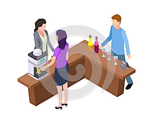 Coffee break. Woman and hot drinks machine. Isometric wine tasting bar counter with bottles and glasses vector