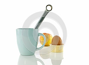 Coffee break during work with apple and egg