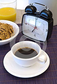 Coffee breakfast and alarm clock