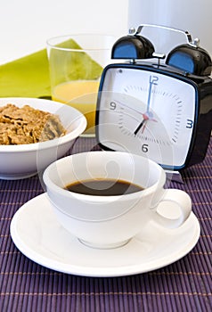 Coffee breakfast and alarm clock
