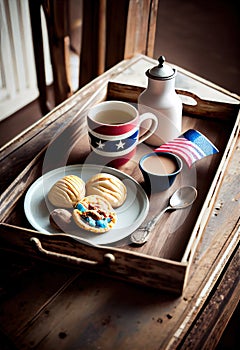 Coffee and breakfast served on a stylish Texas flag patterned tray, Made with Generative AI