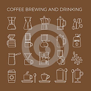 Coffee brewing methods icons set. Different ways of making hot energy drink.