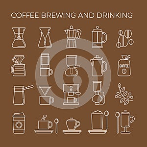 Coffee brewing methods icons set. Different ways of making hot energy drink. photo
