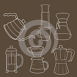 Coffee brewing methods line vector illustration dark background