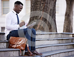 Coffee, business and black man on tablet in city for research, social media or salesman reading email on steps. Tech