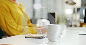 Coffee, business and black woman in office by computer working on sales or marketing project. Tea, pc or happy female