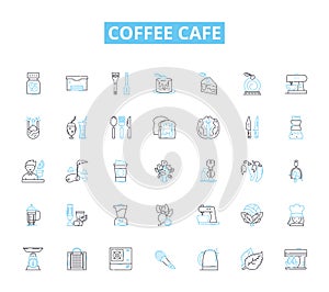 Coffee cafe linear icons set. Espresso, Latte, Cappuccino, Macchiato, Frappuccino, Americano, Mocha line vector and