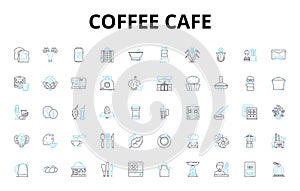 Coffee cafe linear icons set. Espresso, Latte, Cappuccino, Macchiato, Frappuccino, Americano, Mocha vector symbols and