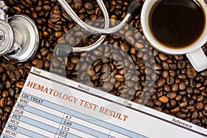 Coffee or caffeine and blood test concept photo. Cup with coffee surrounded by roasted beans, hematological analysis result and st