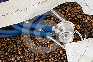 Coffee or caffeine and heart arrhythmias irregular heartbeat. Stethoscope and ECG tape on background of coffee beans. Effect and