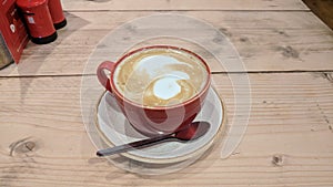Coffee cafÃ© latte wooden table mug milk pattern spoon teacup
