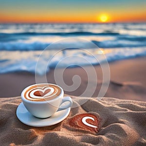 Coffee cappuccino cup mug on the beach sea sunset heart shape sand, AI generated image