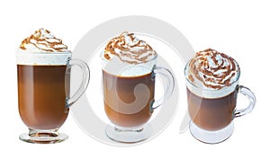 Coffee, cappuccino with whipped cream in a glass, Irish glass. Ground cinnamon. Isolate on a white background.