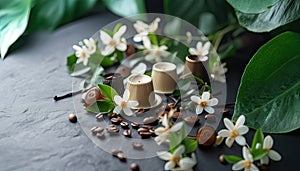 Coffee capsule with vanilla leaves and flowers. Coffee beans. Horizontal background with pods for design, banner.