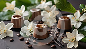 Coffee capsule with vanilla leaves and flowers. Coffee beans. Horizontal background with pods for design, banner.