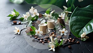 Coffee capsule with vanilla leaves and flowers. Coffee beans. Horizontal background with pods for design, banner.