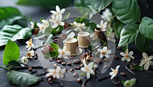 Coffee capsule with vanilla leaves and flowers. Coffee beans. Horizontal background with pods for design, banner.
