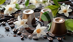 Coffee capsule with vanilla leaves and flowers. Coffee beans. Horizontal background with pods for design, banner.