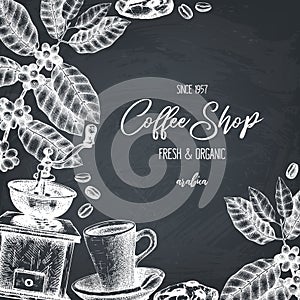 Vector design with ink hand drawn coffee illustrations. Arabica plant with leaves and fruits sketch. Vintage template for cafe or photo