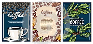 Coffee cards in vintage style. Hand drawn engraved poster, retro doodle sketch on dark background. Leaves and cup, beans