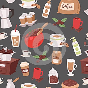 Coffee cartoon objects vector seamless pattern. Illustration of coffee drink symbols collection. Mug, cup of espresso