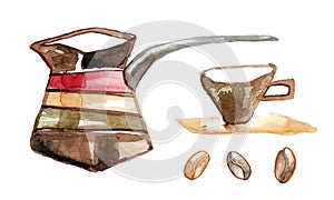Coffee cezve with red and green stripe, brown mug with saucer and coffee beans.
