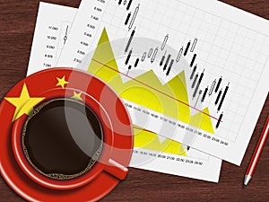 Coffee with chinese flag and stock exchange chart lying on desk