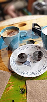 Coffee and Chocolate Cake, Fudge, CafÃ©, Milk, Travel, Wooden Table, Blue Mug, Bistro, Food