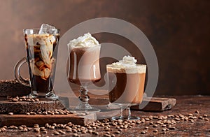 Coffee and chocolate drinks with whipped cream