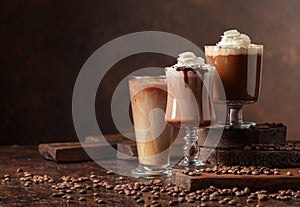 Coffee and chocolate drinks with whipped cream