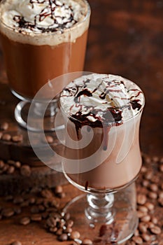 Coffee and chocolate drinks with whipped cream