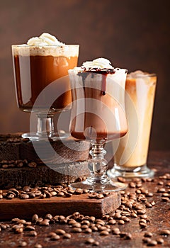 Coffee and chocolate drinks with whipped cream