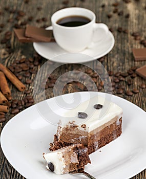 coffee with chocolate and multi-layer cake