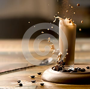 coffee or chocolate shot drink in a glass with splash, roasted coffee beans and gloves for decoration. droplets around