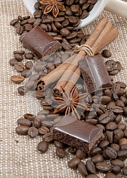 Coffee, chocolate, sticks of cinnamon, anise