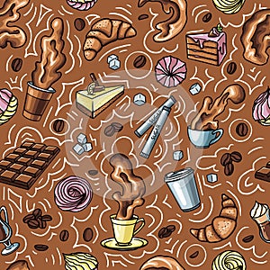 Coffee chocolate texture seamless with drink and sweets, cake,