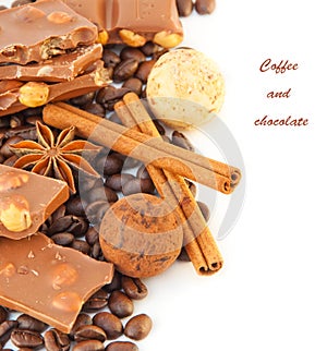 Coffee with chocolates, coffee grains with cinnamo