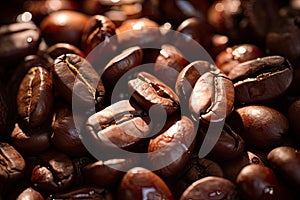 Coffee with a close-up view of dark, roasted coffee beans. This macro shot highlights the rich aroma, texture