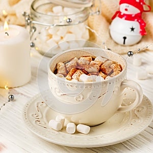 Coffee, cocoa, hot chocolate with marshmallows